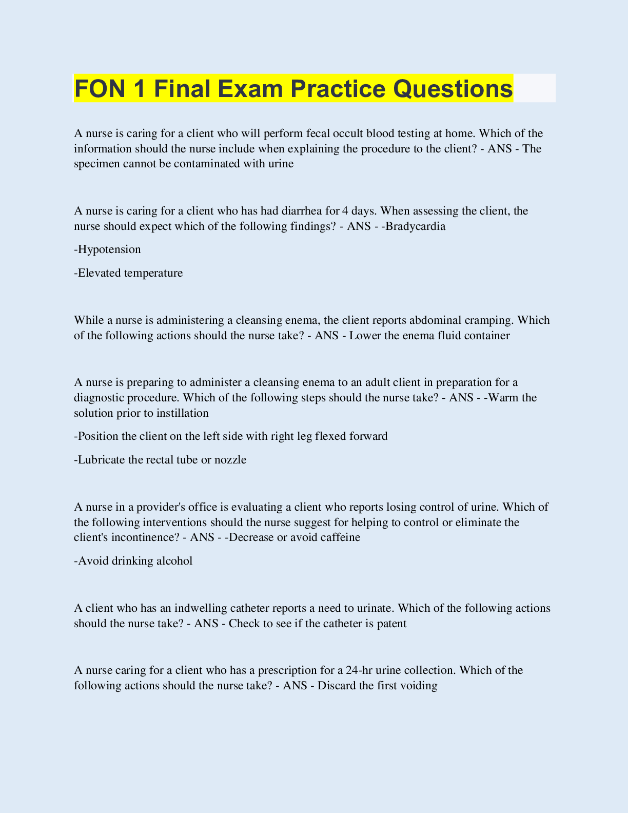 Preview image for FON 1 Final Exam Practice Questions  | 50 Questions with 100% Correct Answers | Updated & Verified